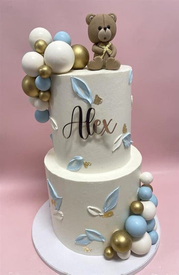 Cake Creations by Kate™ SpecialityCakes 2-Tier Baby Blue and Gold Teddy Bear Cake